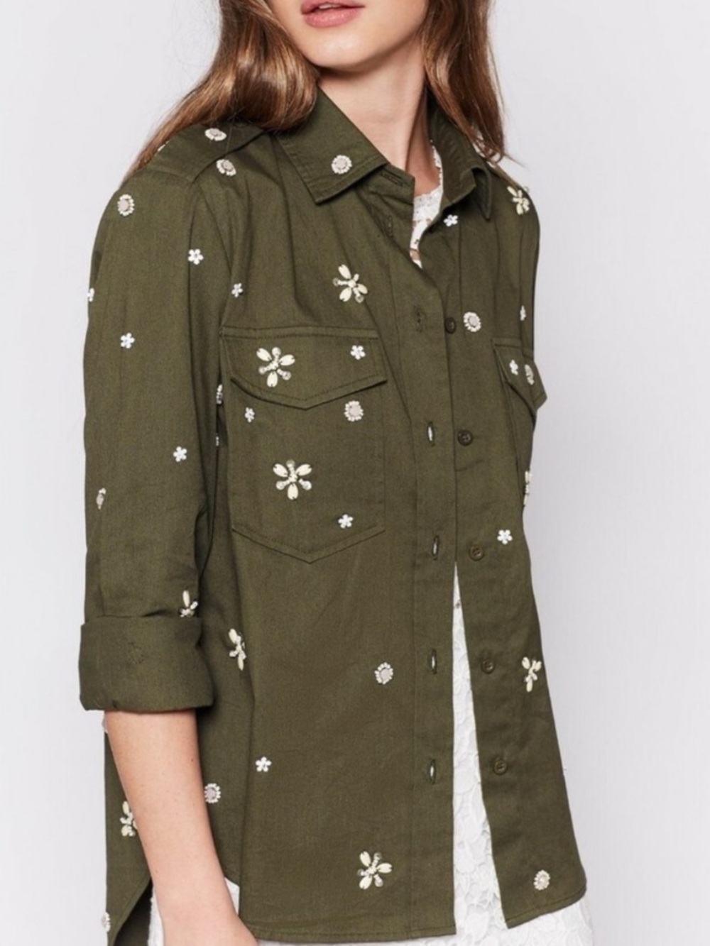 JOIE Hayfa Army Green Button Down Front Floral Embroidered and Embellished Top